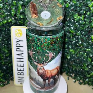 Green Deer Glitter Snowglobe Tumbler